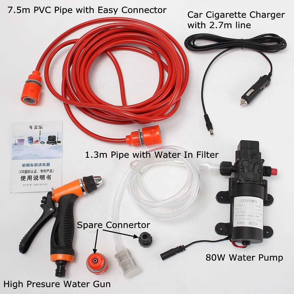 CarBole Mini Portable Electric Car Washer – 80W, 130PSI, DC 12V, High Pressure Water Pump, Kit With Hoses, Lifetime Warranty