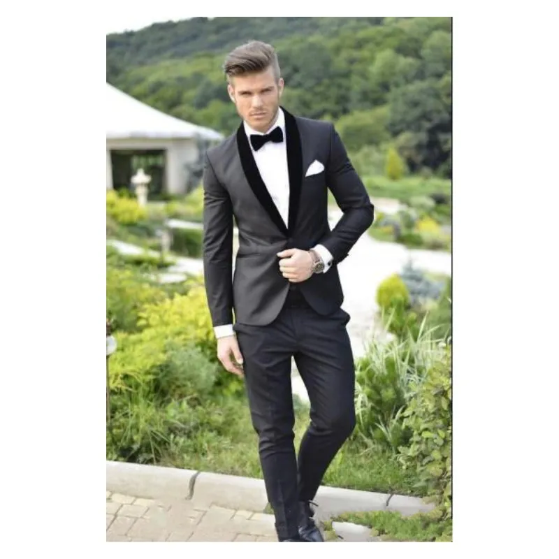 Gris Groom Tuxedos 2019 Charcoal Meilleur homme Châle Col Noir Groomsman Hommes Costumes De Mariage Époux (Veste + Pantalon + Cravate + Ceinture) Sur Mesure