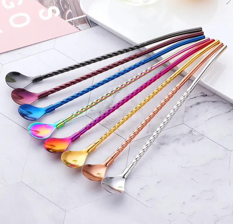 Straw Spoons Long Handle Straw Stainless Steel Mixing Spoon Metal