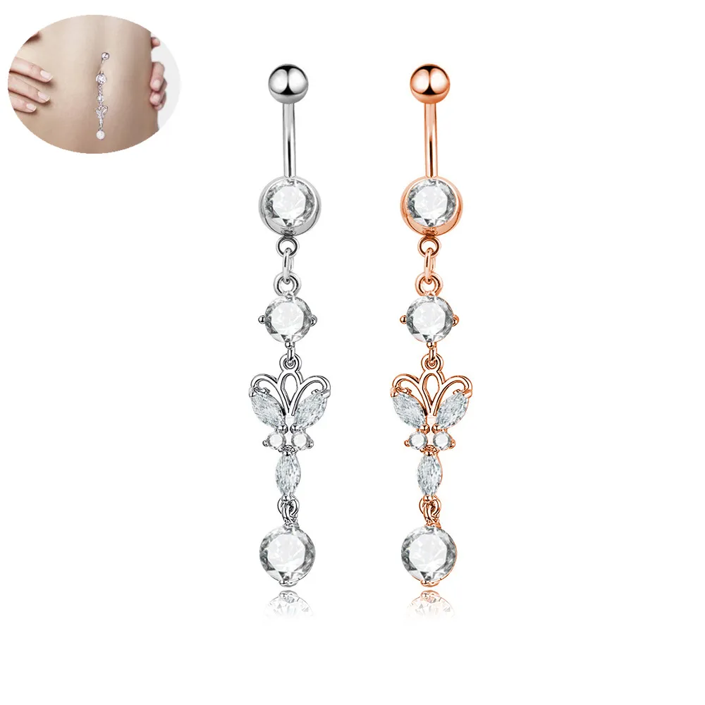 Sexy Long Zircon Wasit Danse Du Ventre Cristal Bijoux De Corps En Acier Inoxydable Strass Nombril Cloche Bouton Piercing Dangle Anneaux pour Les Femmes