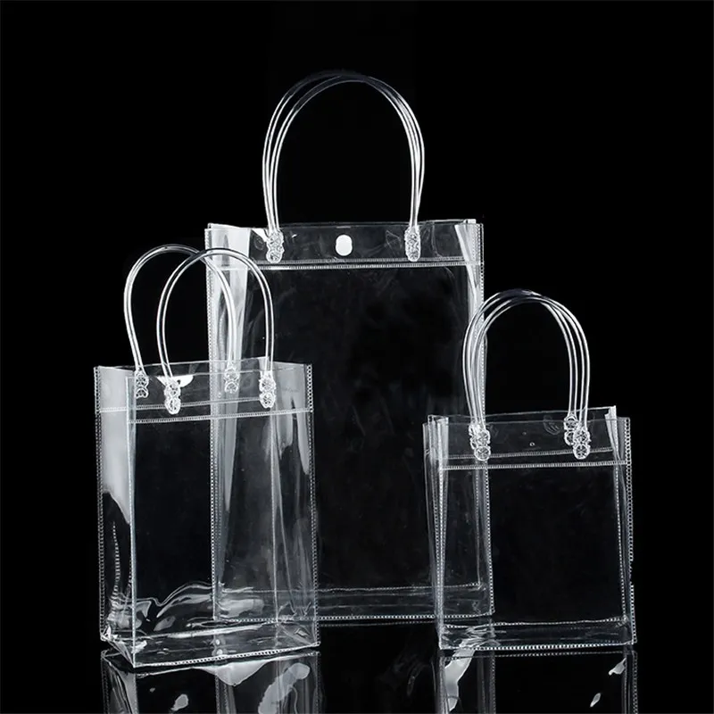 PVC Plastic Gift Tassen met Handgrepen Plastic Wijn Verpakking Tassen Clear Handtas Party Gunsten Tas Mode PP-zakken met knop LX2271