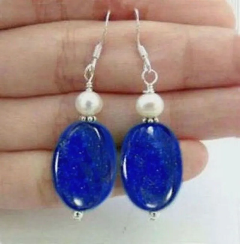 Naturalne Egipskie Lapis Lazuli Gemstones / White Pearl Silver Hook Dangle Kolczyki