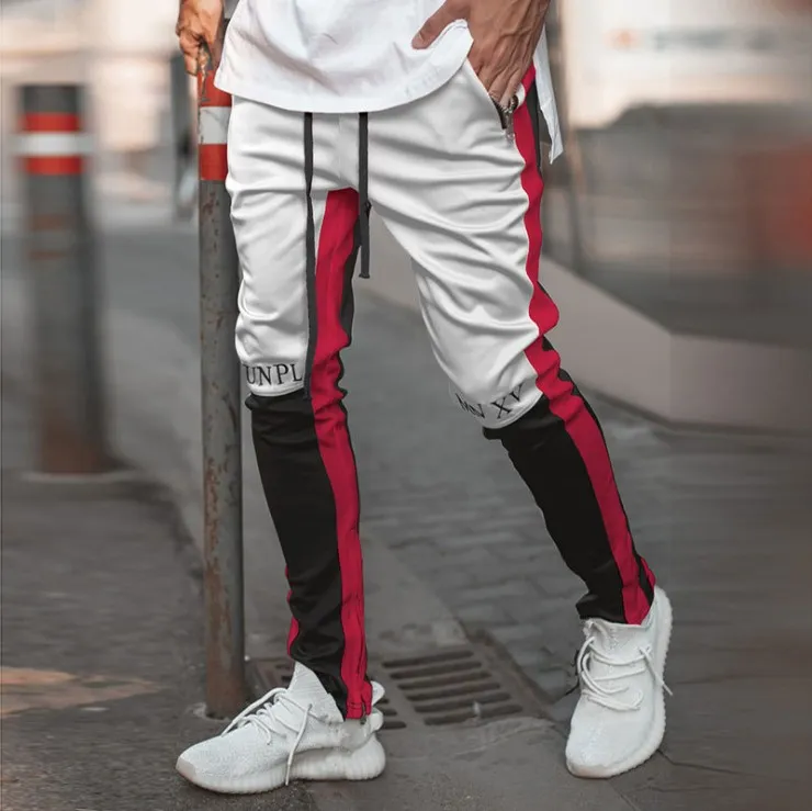 남성용 Motocross Trackpants 슬림 피트 탄성 허리 더블 스트라이프 바닥 레트로 패션 스웨트 남자 바지 새로운