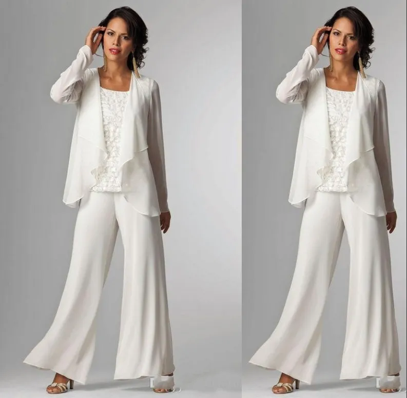New Cheap Groom Bridal Mothers Pants Suit Three Pieces Jewel Neck Long Sleeves White Chiffon With Jacket Evening Dress Wedding Guest Dress
