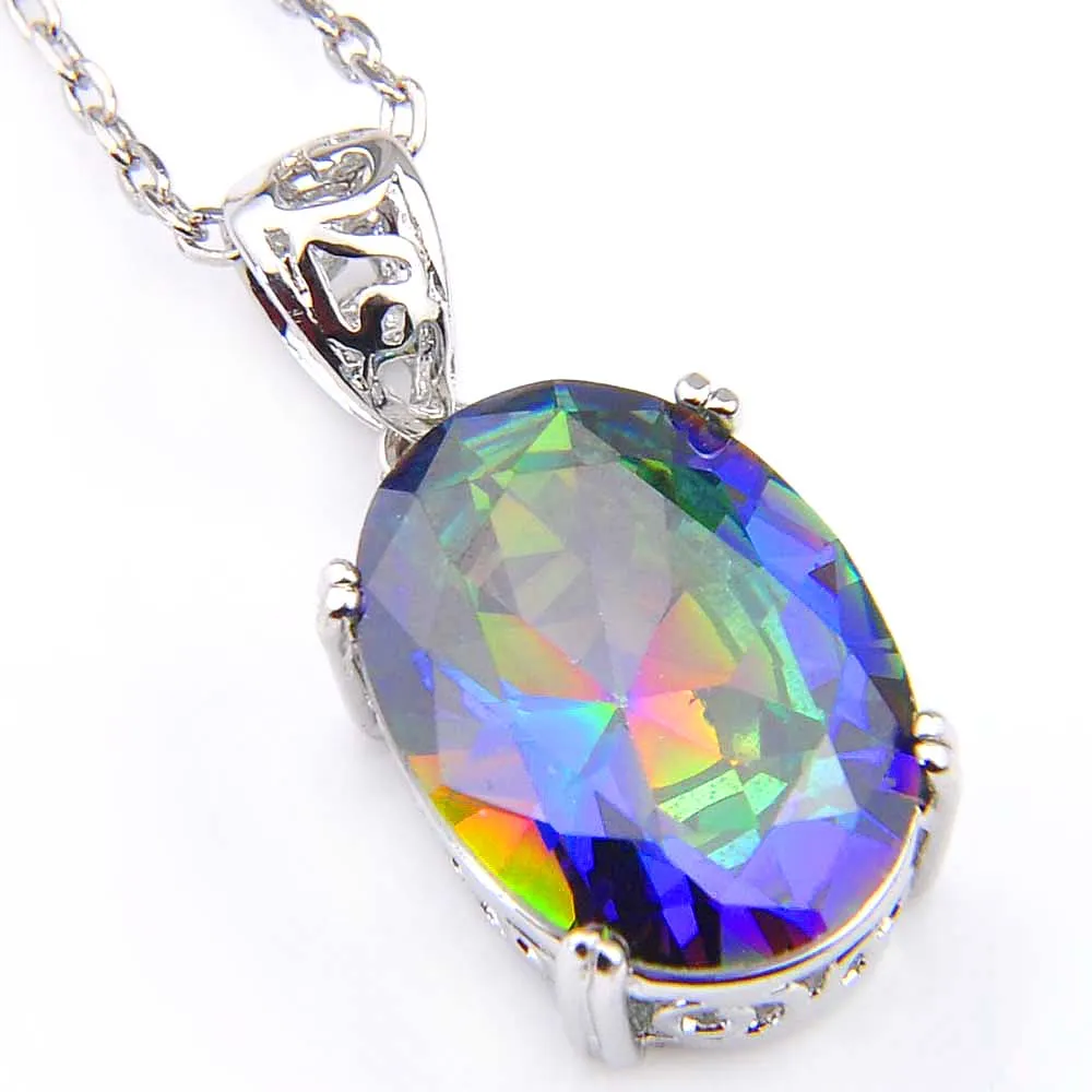 Luckyshine 6PCS /ロットホリデーギフトオーバルレインボーブルー神秘的なTopaz Gemstone 925sシルバーネックレスCZペンダントジュエリーユニセックス