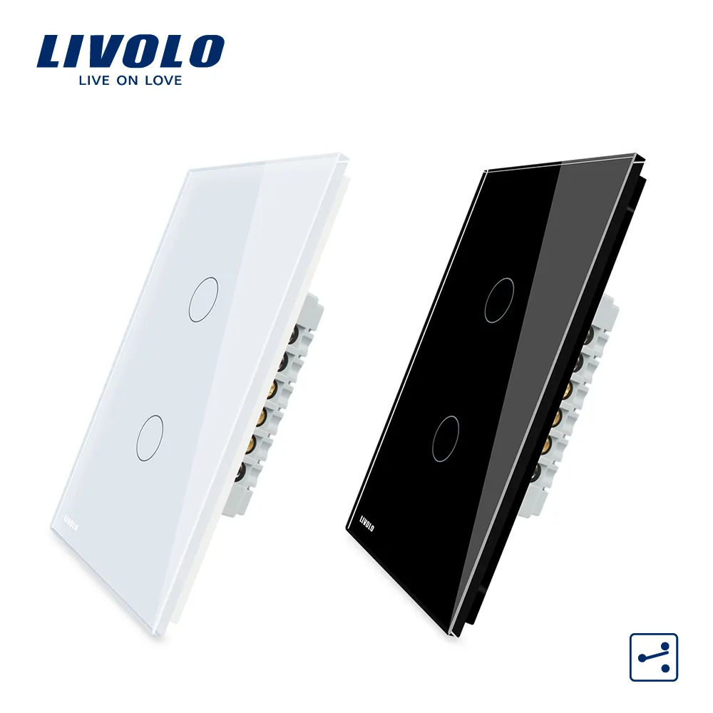 Livolo New US / AU Standard-Wand-Screen-Lichtschalter, 2 Gang 2-Wege-Wand Touch-Schalter, Weiß / Schwarz-Glasverkleidung
