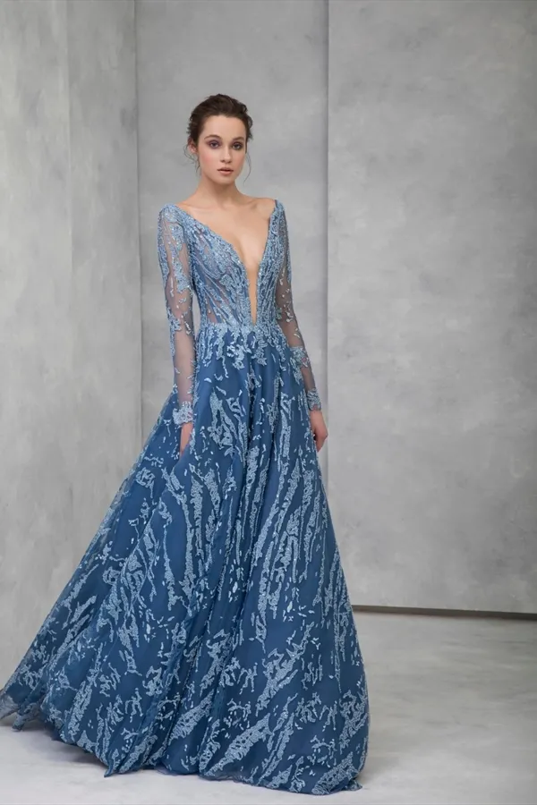 Tony Ward 2020 Deep V-Neck A-Line v neck evening dress with Appliques, Long Sleeves, and Sweep Train - Customizable Prom or Soire Robe