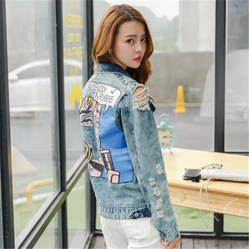 Mode CBAFU hippie chic dr le impression jean veste femmes d chir trou bomber veste d contract court denim manteau cowboy outwear N981