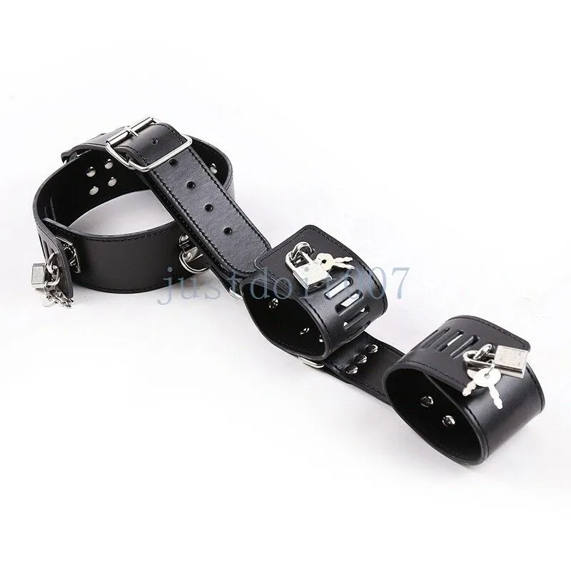 Bondage Punk Gothic Neck Collar to Wrist Pangue Brand Binder Belt Belt Slave Restrant Toy #R45