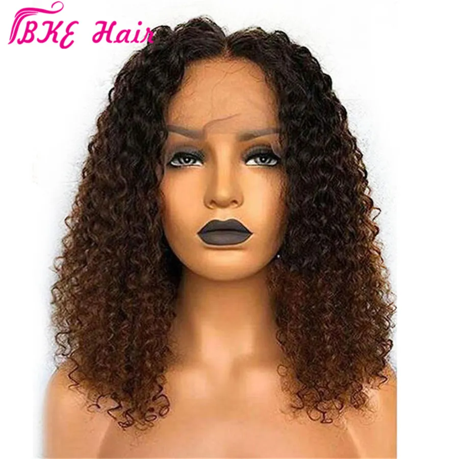 Perruques synthétiques courtes ombrées, perruque Bob Lace Front Wig brune bouclée pre-plucked avec raie profonde, perruque brésilienne 13x4