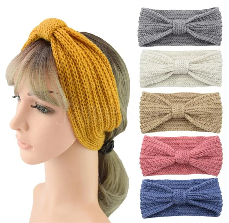 28 Colors Winter Knitted Headband Women Ear Warmer Knot Hairband Lady Crochet Wide Stretch Headwrap Turbans DC068