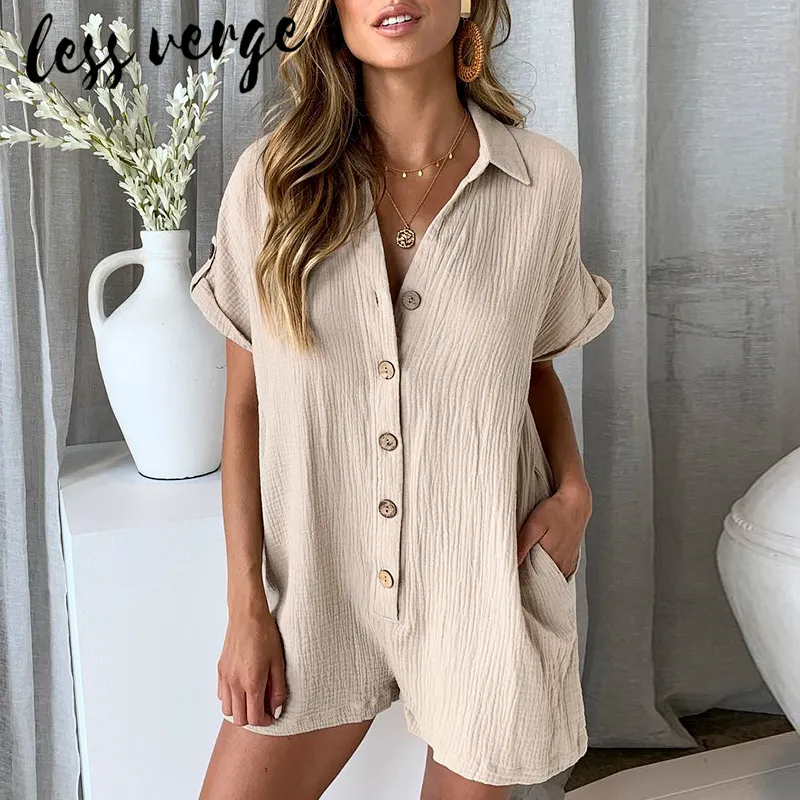 Lessverge Casual Summer Khaki Linne Jumpsuit Kvinnor Vit Knappfickor Strand Rompers Loose Short Sleeve Playsuit Overaller 2019 Y190502