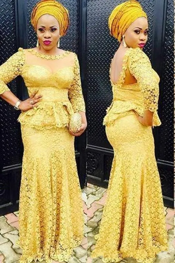 Generosi abiti da ballo in pizzo giallo africano Peplo Aso Ebi Style Abiti da sera lunghi da festa Appliques in pizzo 3/4 Sirena a maniche lunghe She285J