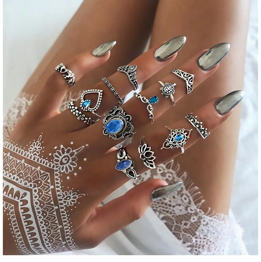 S291 أزياء المجوهرات الخاتم الفضية القديمة الخاتم مجموعة Crown Heart Heart Turtle Rings Midi Rings Set 13pcs/set