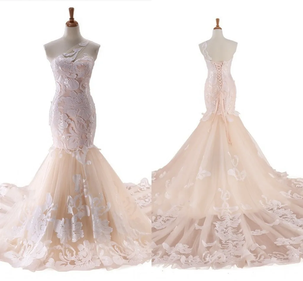 Favordear Branco Vestidos De Casamento De Laço Floral Sereia Um Ombro Lace-Up Bidal Dress Chapel Train aberta Vestidos de Novia Champagne