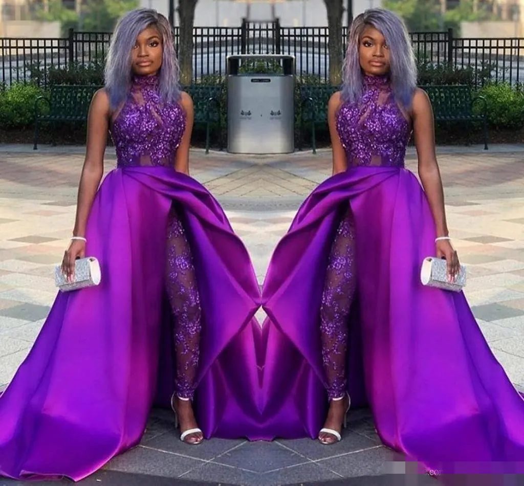 Royal Prom Purple Dresses High Neck Halter Sparkly paljetter Satin Ruched Jumpsuit Spets Applique Evening Gown Formal OCN Wear