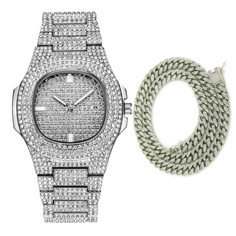 Montres en diamant pour hommes, étanche, à Quartz, décontractée, horloge Hip Hop, collier en or 18 carats glacé, tendance, 2020