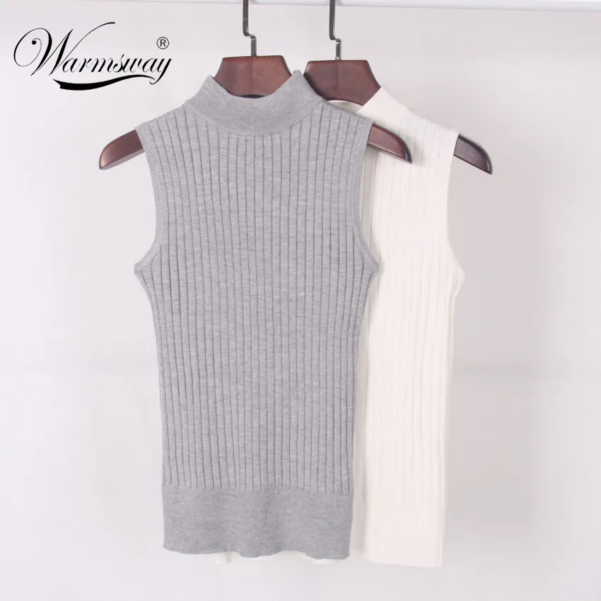 High Quality Summer Autumn Women Mock Neck Top Turtleneck Sleeveless T-shirt Slim Knitted Vest Female Tee Knitwear B-009 Y19051301