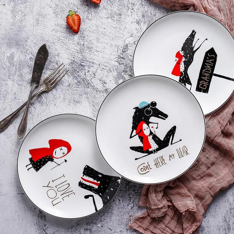 8 pollici bordo nero di bone china 1 pz piatto in ceramica cappellino rosso piatto da tavola set da tavola piatto da bistecca piatti da cena dim sum