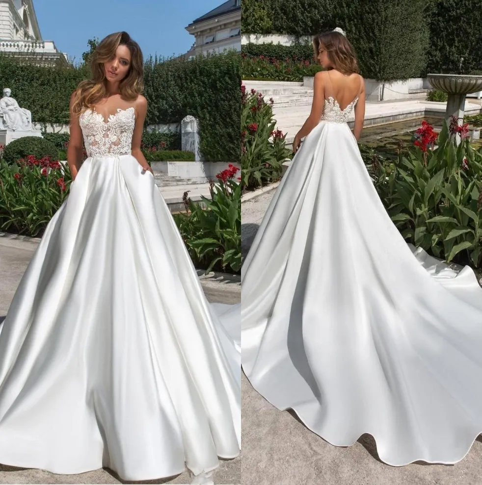 Sheer Mesh Top Satin A Line Wedding Dresses Tulle Lace Applique Court Train Backless Garden Wedding Bridal Gowns With Pockets BC2787