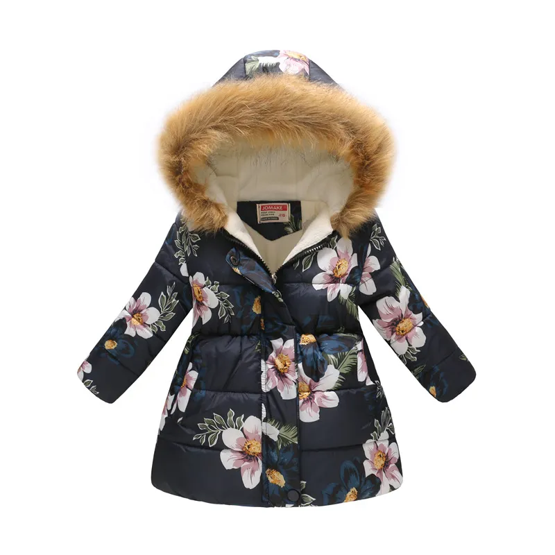 Big Girls Jassen 2018 Nieuwe Lange Stijl Kinderen Donsjack Winter Warm Bont Hooded Parkas Mode Gedrukt Bovenkleding Kinderkleding