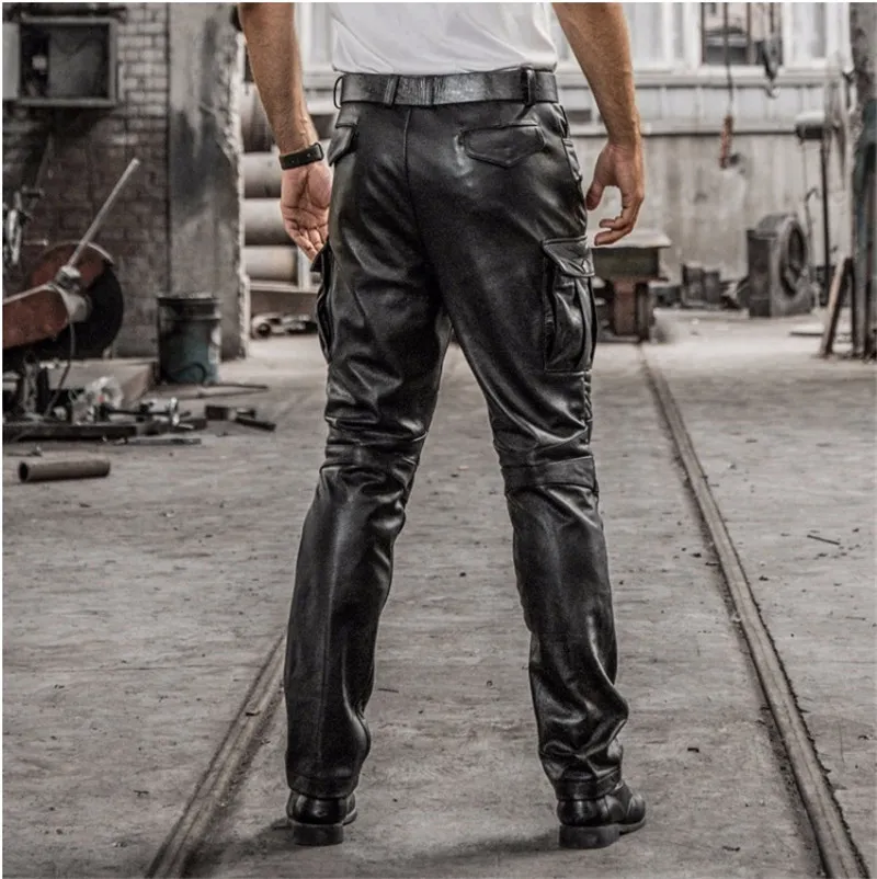 Genuine Black Leather Biker Pants With Cargo Pockets Trousers