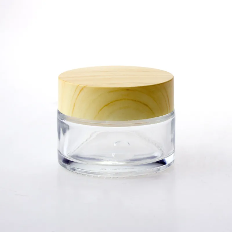 5G 10G 15G 30G 50G 100G Lege Glas Cosmetische Kruiken Verpakking Glas Crème Jar met Hout Grain Groothandel