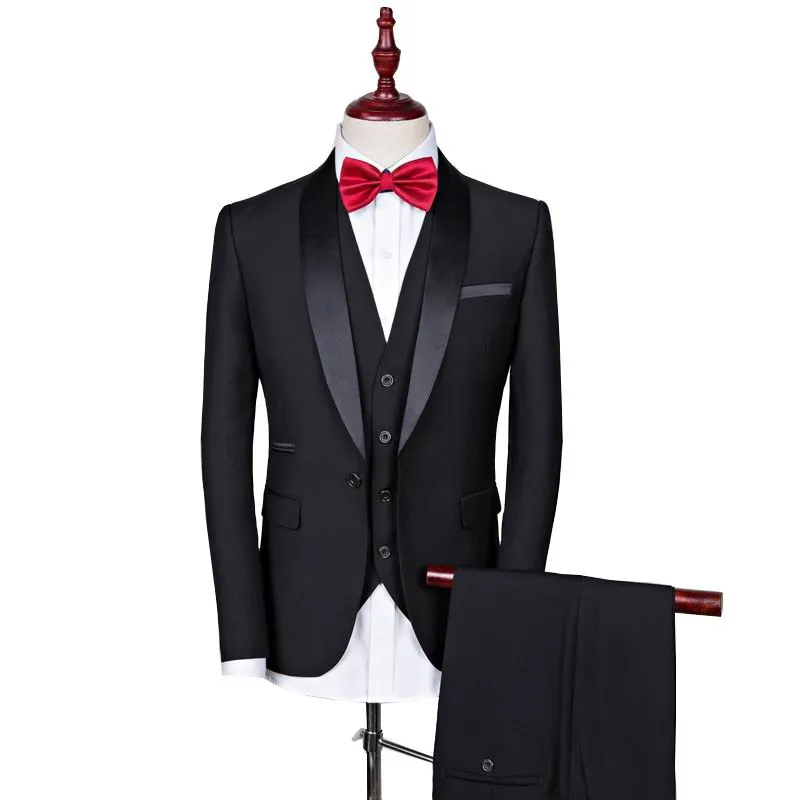 Svart Bröllop Casual Suit Män Brudgum Tuxedos Män passar One Knapp Bröllopskläder för Groomsman (Jacket + Pants + Vest)