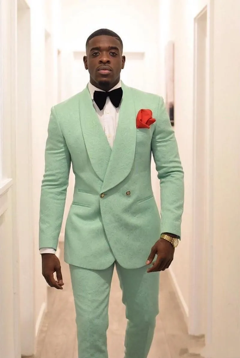 Traje De Esmoquin De Novio De Doble Pecho Verde En Relieve Para