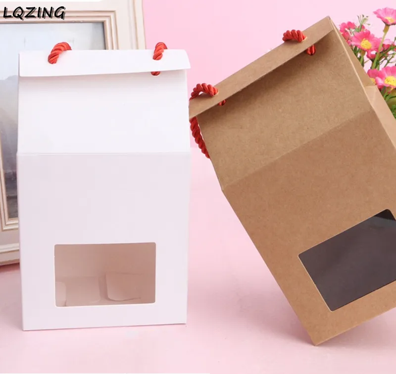 Kraft Paper Torba Wyczyść Okno Craft Pudełko Red Lina Rękojeść, Puste BrownWhite Store Candy Cake Dessert Bag Opakowania