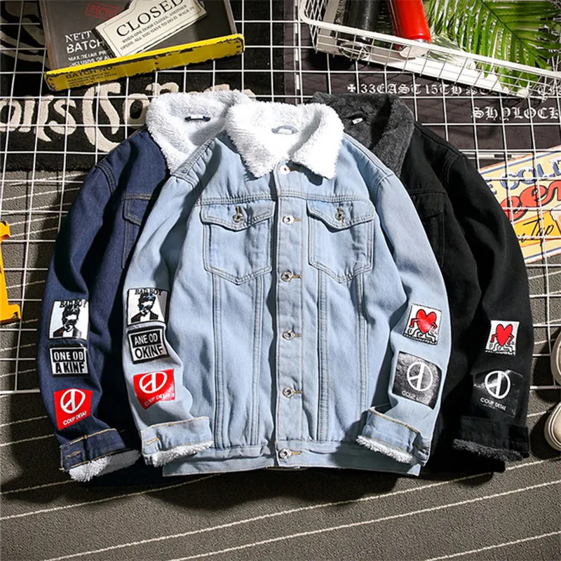 Men Jacket Coat Trendy Warm Fleece Thick Denim Jacket 2019 New