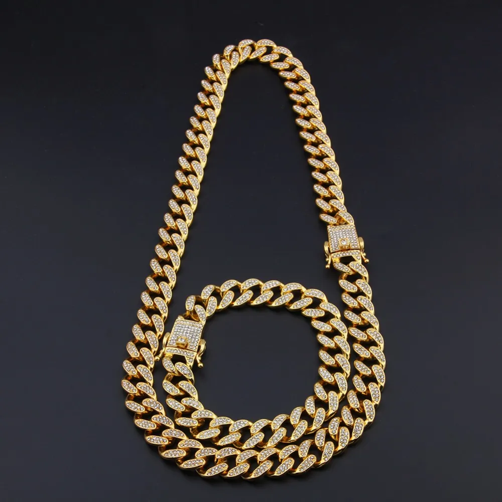 13mm  Cuban Link Chain Gold Silver Necklace Bracelet Set Iced Out Crystal Rhinestone Bling Hip hop for Men