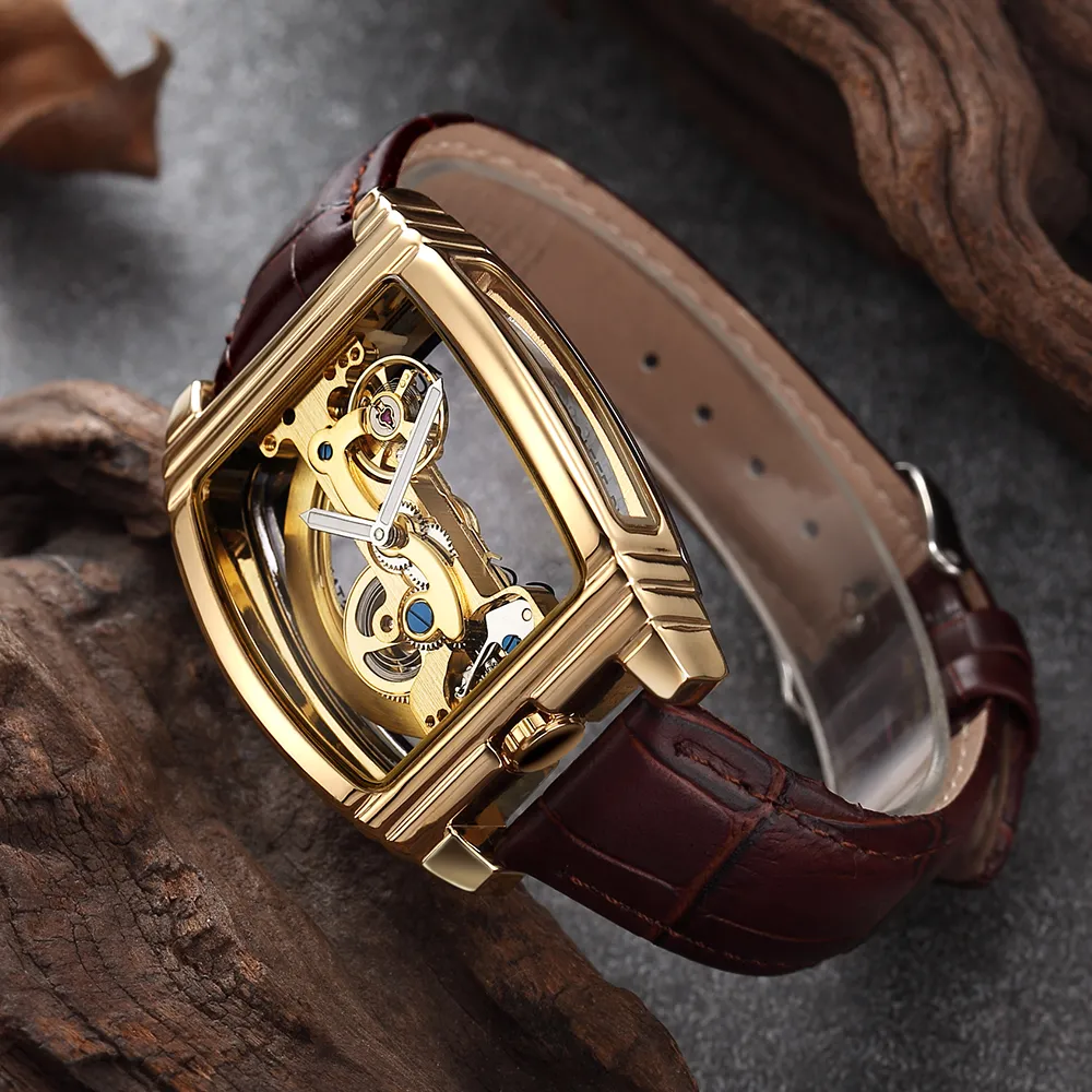 Transparente Herrenuhren, mechanische, automatische Armbanduhr, Lederarmband, Steampunk-Uhr mit Automatikaufzug, männlich, montre homme