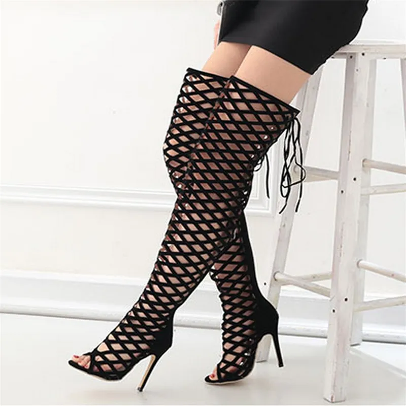 Black Over Knee Gladiator Peep Toe Sandals With Cut Outs And High