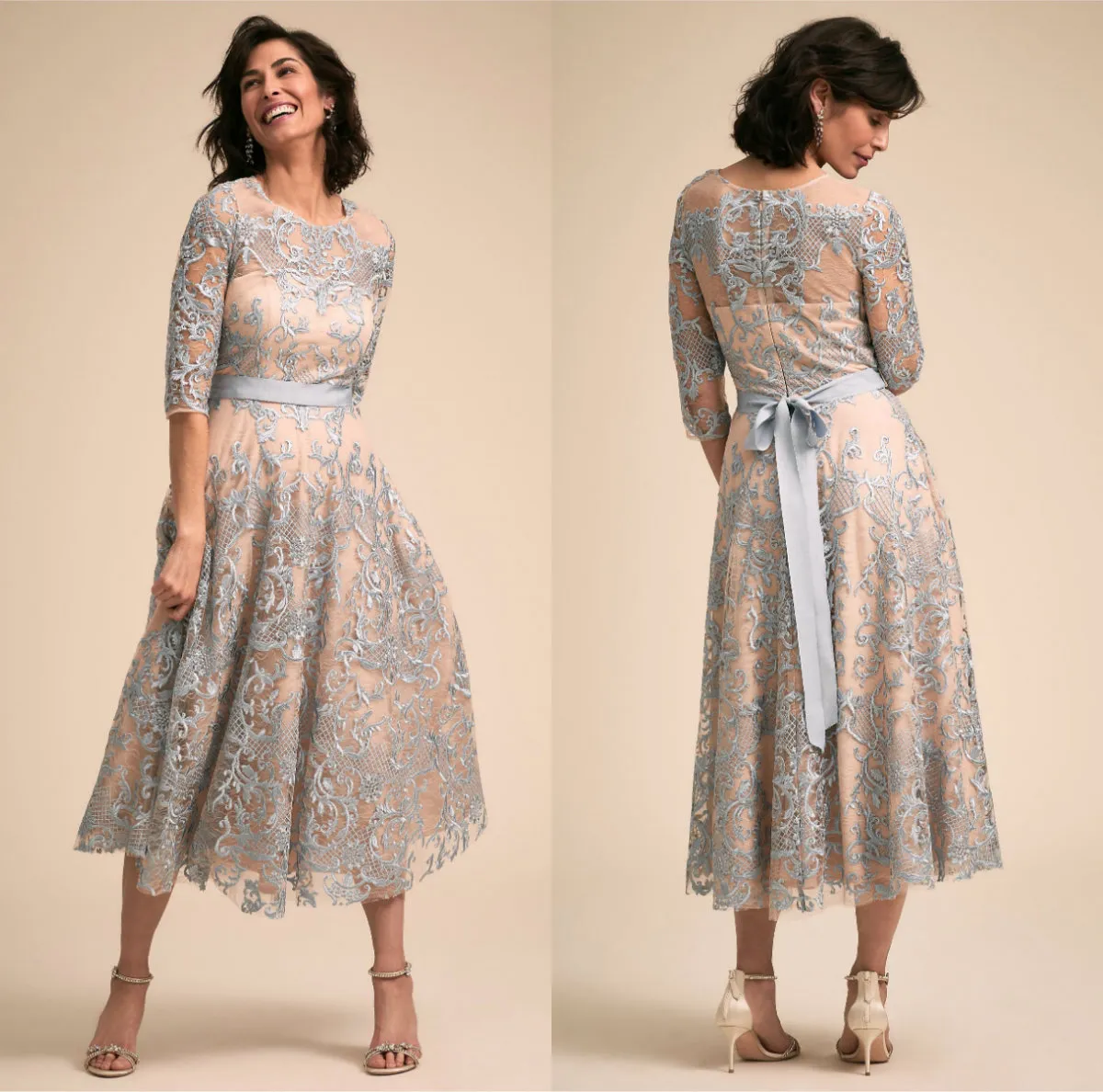 BHLDN Mor till bruden klänningar Juvel hals spets applicerad te längd halv långärmad aftonklänningar plus storlek prom klänning fest w2386