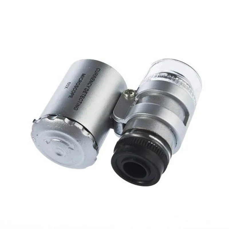 60 Falten Mini-Mikroskop-Lupe mit hellpurpurroten und weißen LED-Leuchten Schmucklupen Antike Beurteilungs-tragbare Lupe-Glas A660