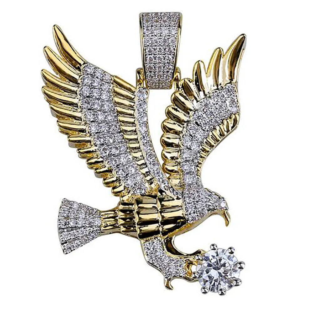 14K Iced Out Diamond Eagle Pendant Necklace Bling Micro Pave Cubic Zirconia Simulated Diamonds 24inch Rope Chain Hip Hop