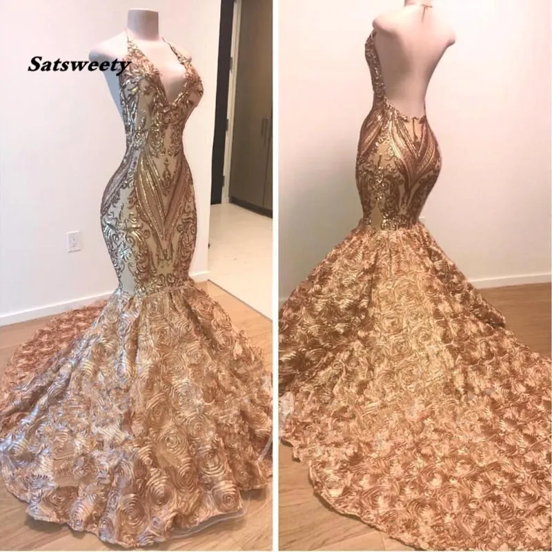 African Gold Prom Dresses Mermaid Halter V Neck 3D Blommor ärmlös aftonklänning Lång arabisk Dubai -festklänningar2183