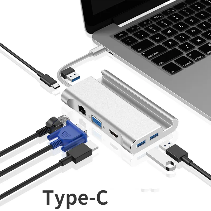 7-em-1 Tipo C Hub USB C Para RJ45 VGA Portas USB com Hub TF SD Reader para MacBook Pro Samsung Huawei
