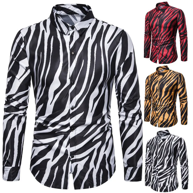 New fashion men shirt Men's Nightclub Personality Zebra Print Long Sleeve shirt men Costume 3 color free shipping