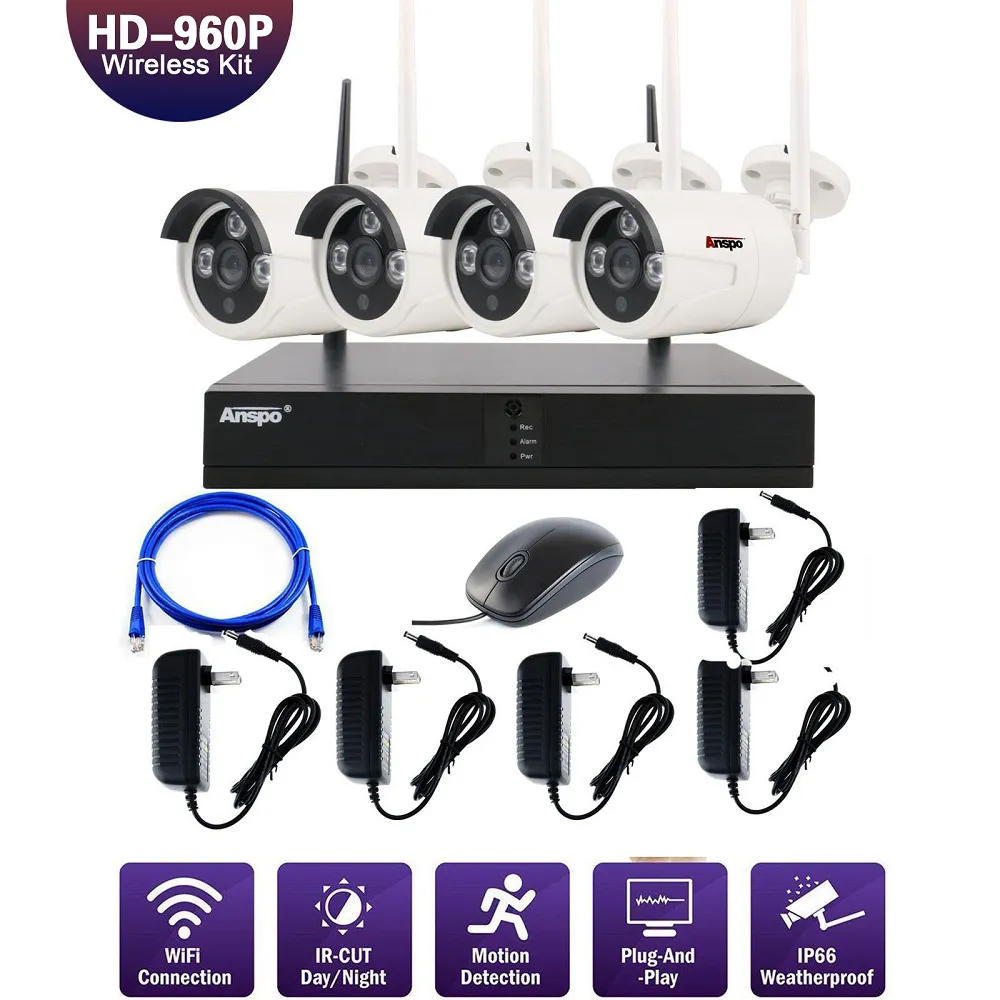 4pcs 4CH Sistema di telecamere di sicurezza wireless Kit telecamera WiFi NVR 960P Visione notturna IR-Cut CCTV Sistema di sorveglianza domestica impermeabile