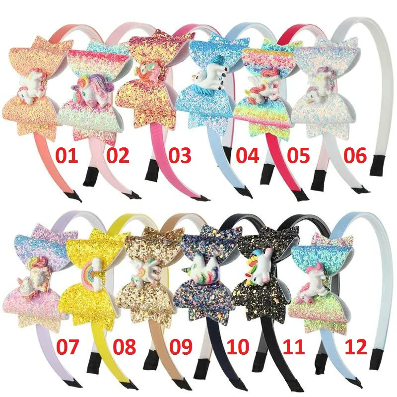 Cute Colorful Glitter Unicorn Bow Headband Girl Rainbow Horse Hair Sticks Kid Party Accessories Mixed Colors