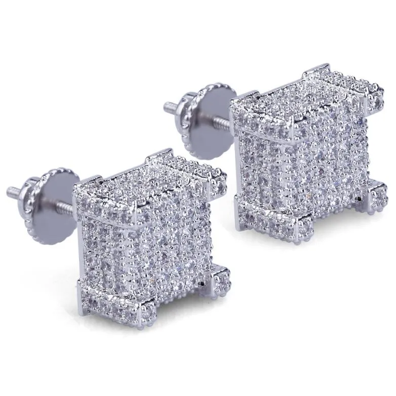 Authentieke geometrische Micro Pave Cz Screwback Diamond Earring voor dames heren Hip Hop Stud Bling Studs oorsieraden