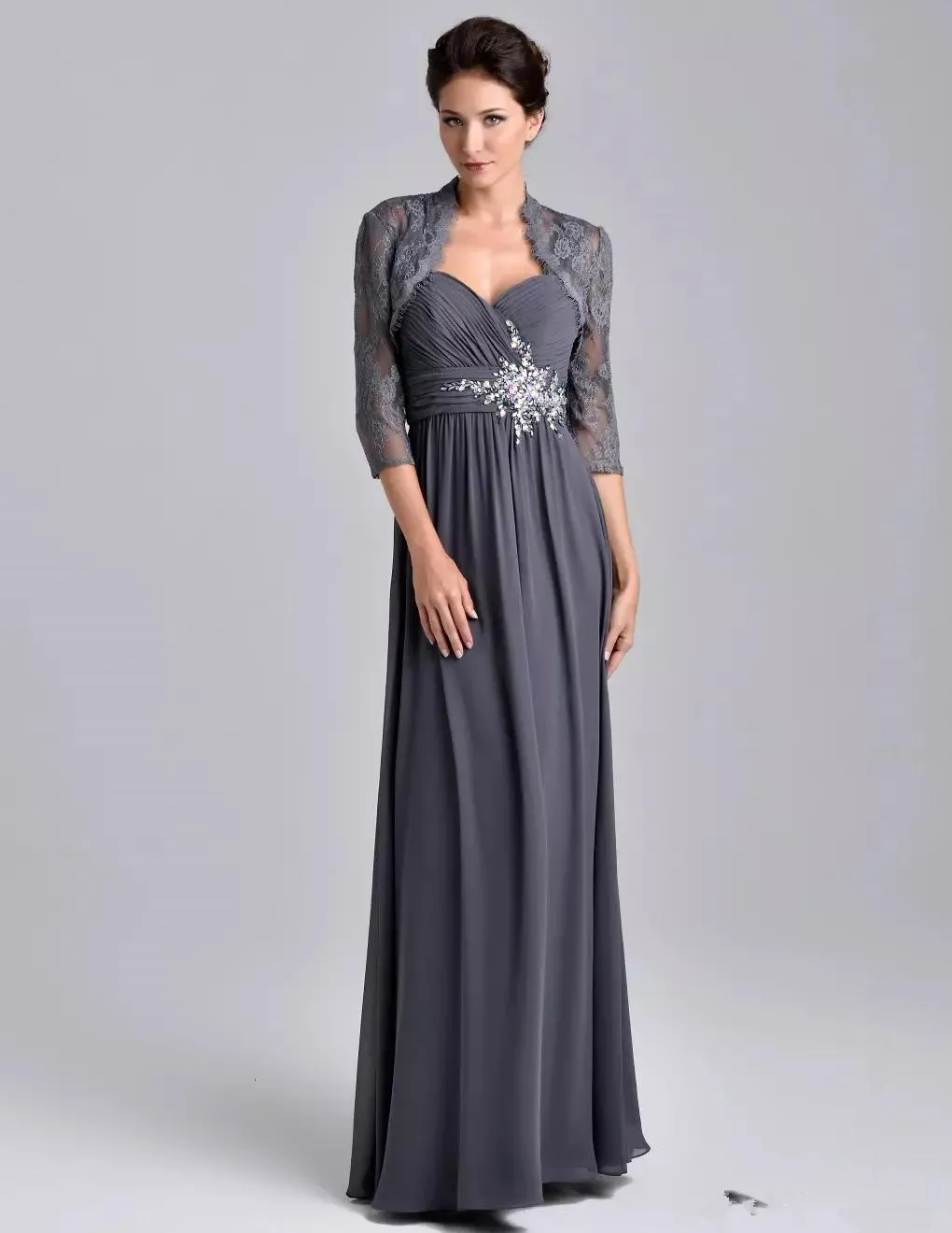 Grey Lace Appliqued Mother of the Bride Floor Length dress with Jacket - Floor Length Wedding Guest Gown in Plus Size Chiffon Evening Grap
