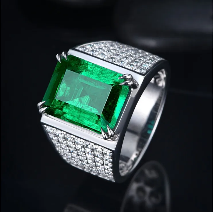 Moda grande anello quadrato in pietra verde gioielli da sposa maschili colore argento micro pavimenta anelli con zirconi cubici per le donne