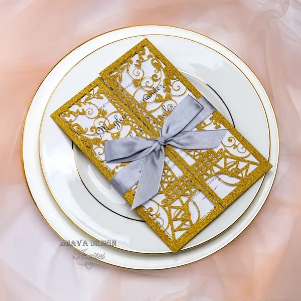 Zarif Glitter Altın Lazer Kesim Eyfel Kulesi Düğün Davetiyesi Kartları Tebrik Kartı Şerit ve Zarf ile