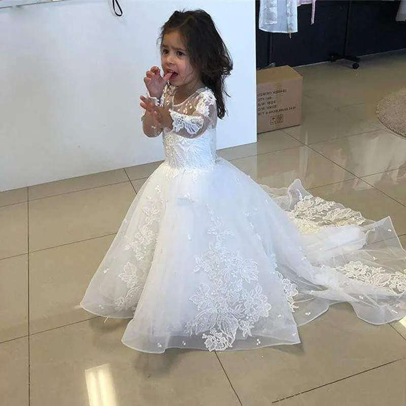 Moda Mangas Compridas Lace Flower Girl Vestidos Para O Casamento Sheer Jewel Neck Appliqued Uma Linha Pageant Vestidos de Trem Da Varredura Crianças Prom Dress