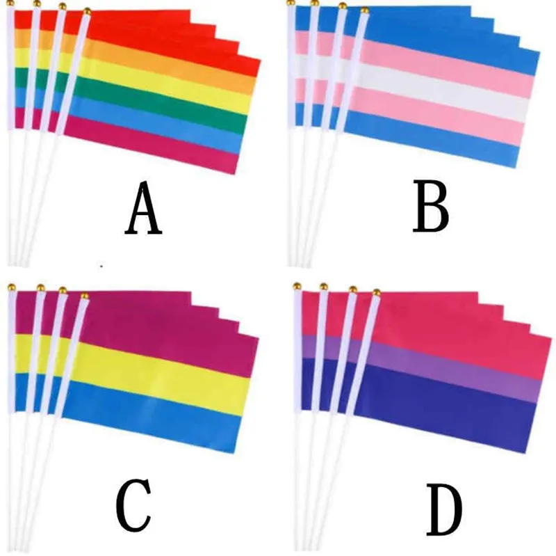 Banderas de la bandera gay con asta de plástico Bandera del orgullo transgénero Banderas del orgullo gay Tamaño 14 * 21 cm