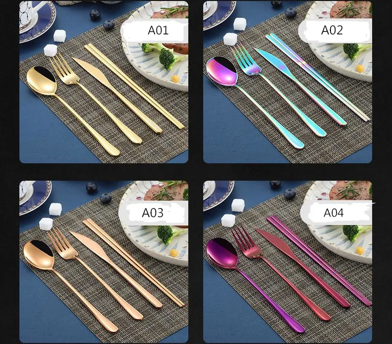 Koreanska bestick set rostfritt stål lång handtag kniv gaffel sked ätpinnar set färgglada bestick för bröllop kök tillbehör sn3390