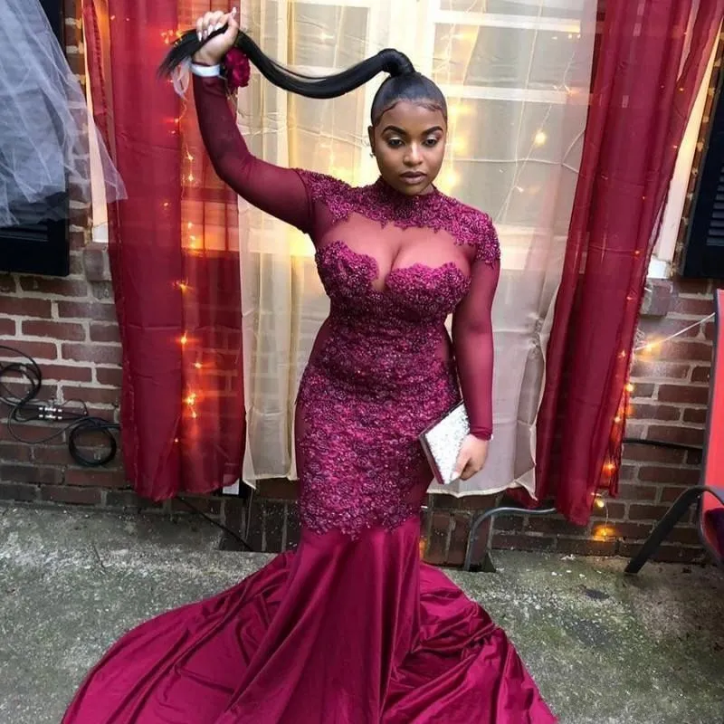 2019 New Arrival High Neck Evening Dresses Lace Appliques Beaded Long Sleeves Sweep Train Mermaid Plus Size Celebrity Party Prom Gowns